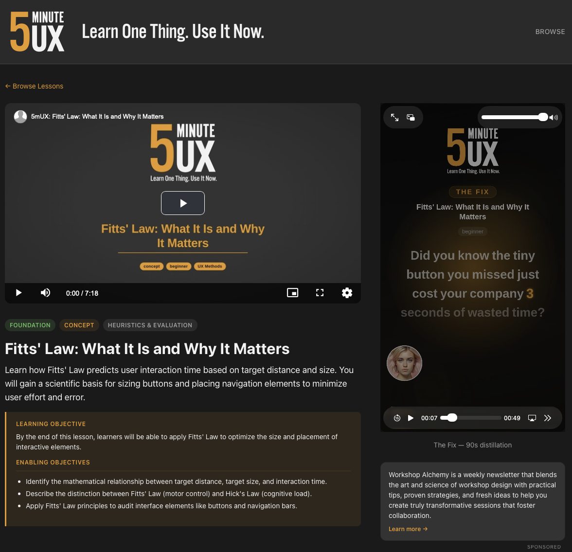 A finished 5 Minute UX lesson with video and The Fix