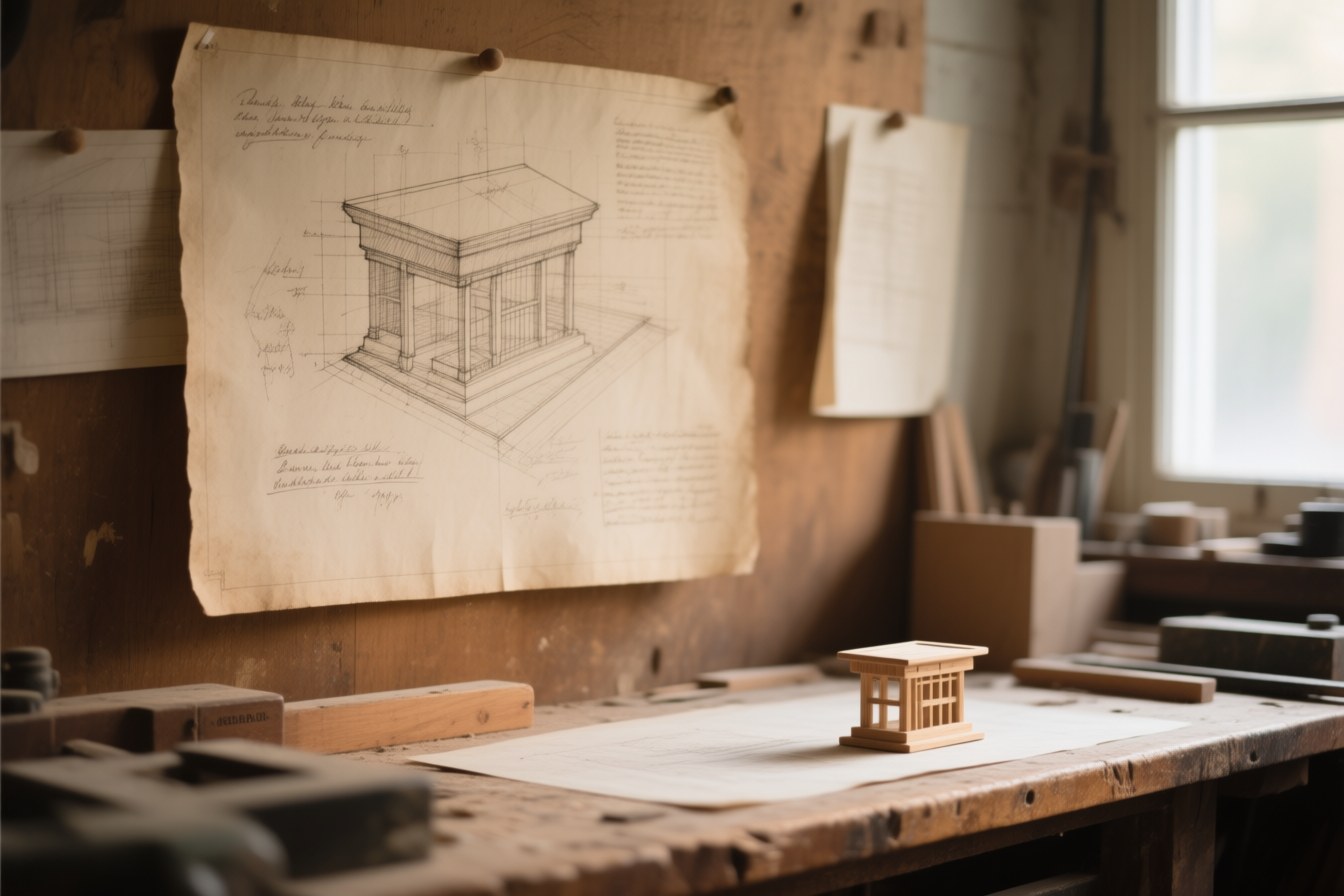 An aged, annotated technical drawing pinned above a workbench, with the small finished wooden model it describes on the bench below.