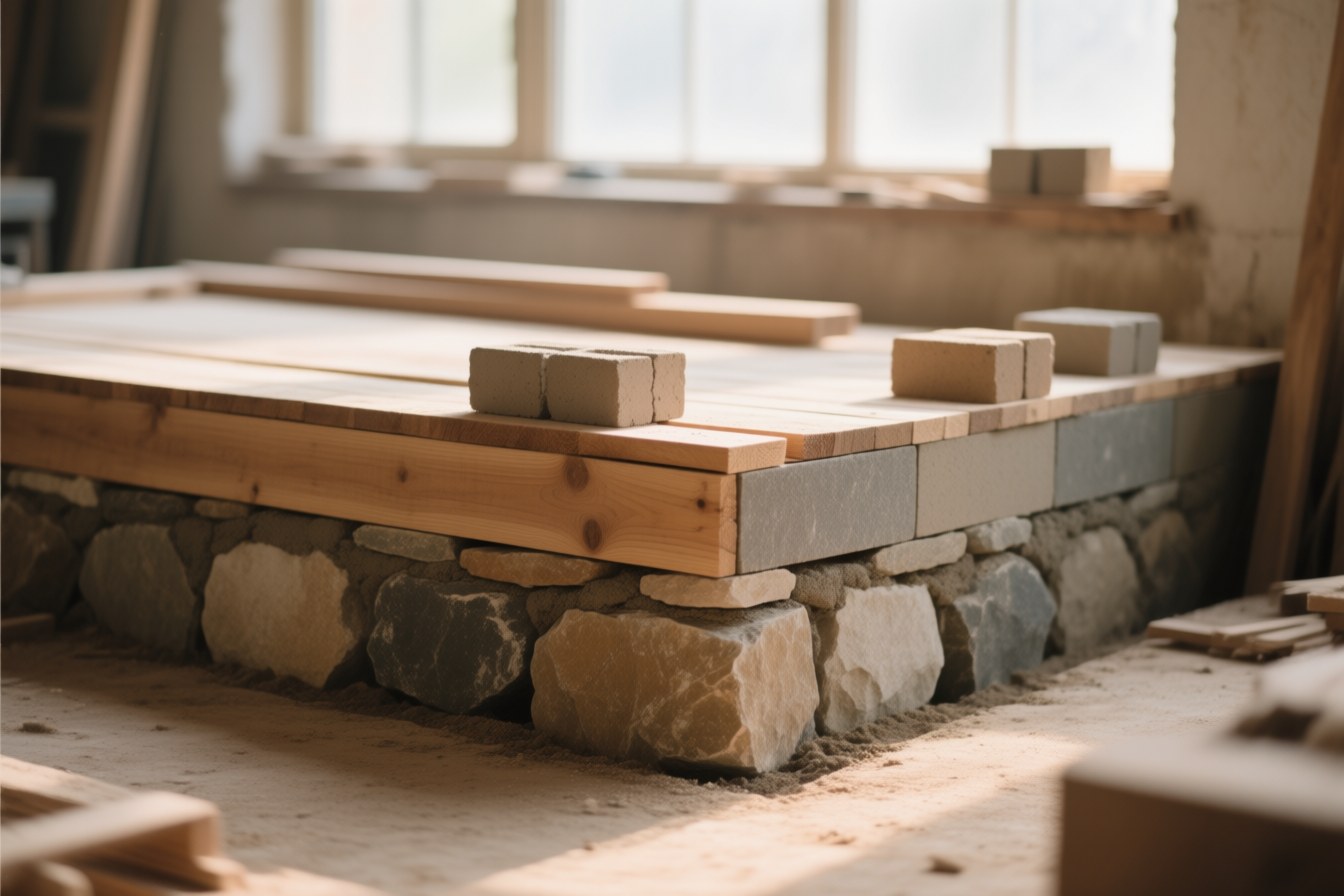 A building foundation of weathered stone and timber laid course by course, a few fresh blocks set at the edge to continue the build.