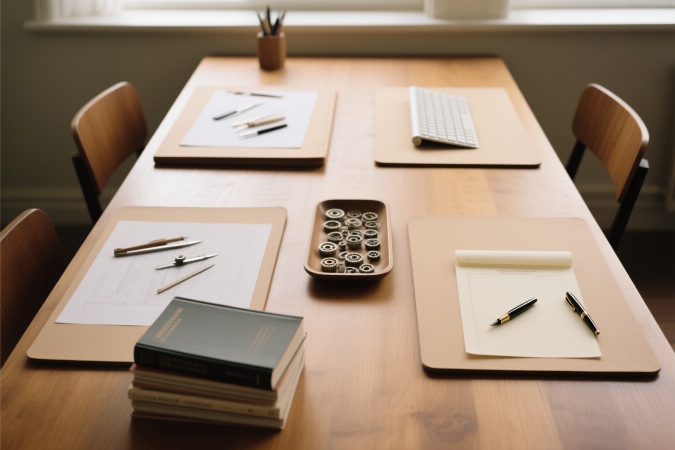 A long wooden worktable set with distinct stations: drafting tools, stacked manuals and a keyboard, a tray of small repeated parts, and a ledger with a pen.