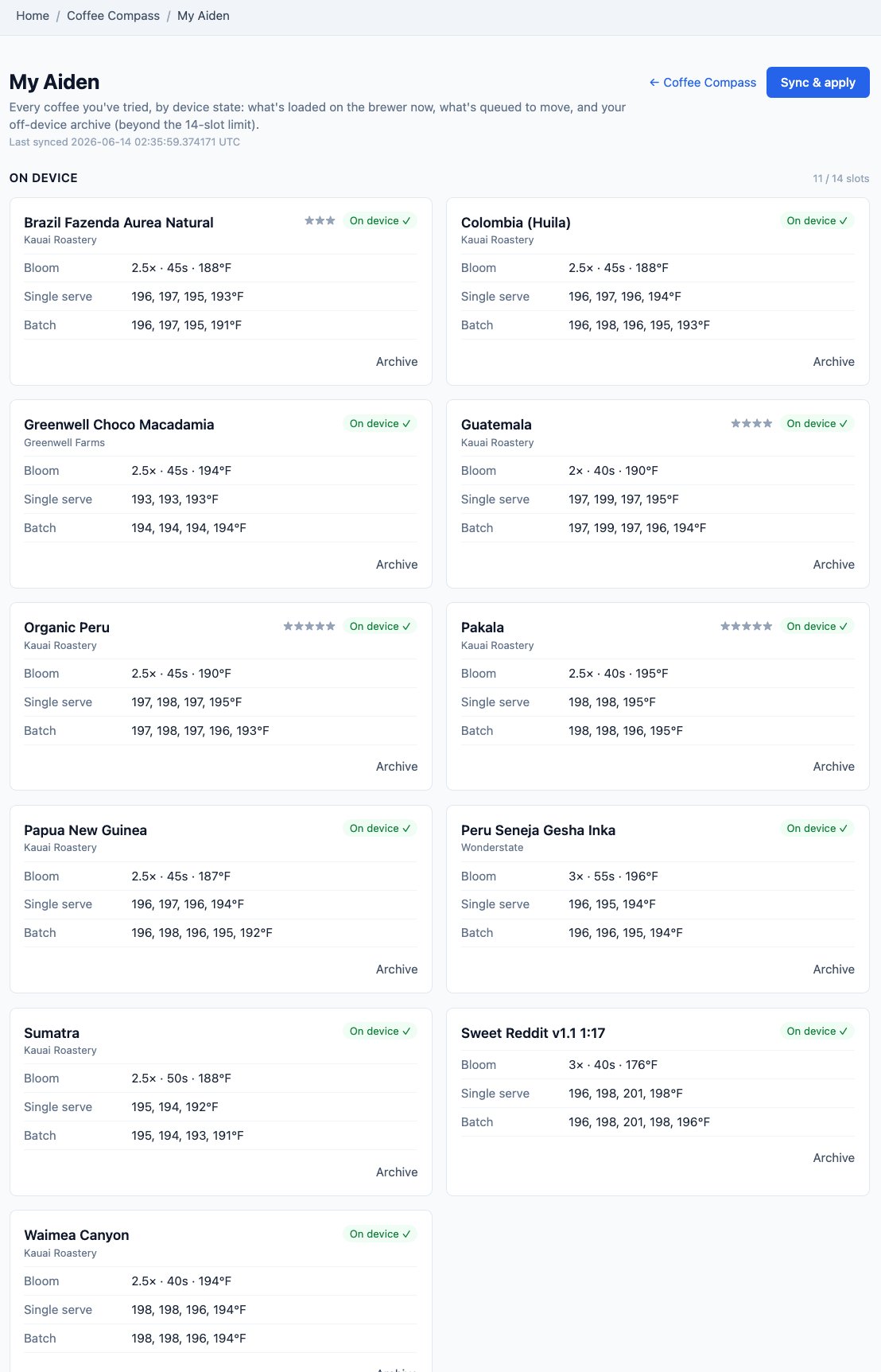 The My Aiden view: every coffee organized by device state, what's loaded on the brewer, queued to move, and kept off-device
