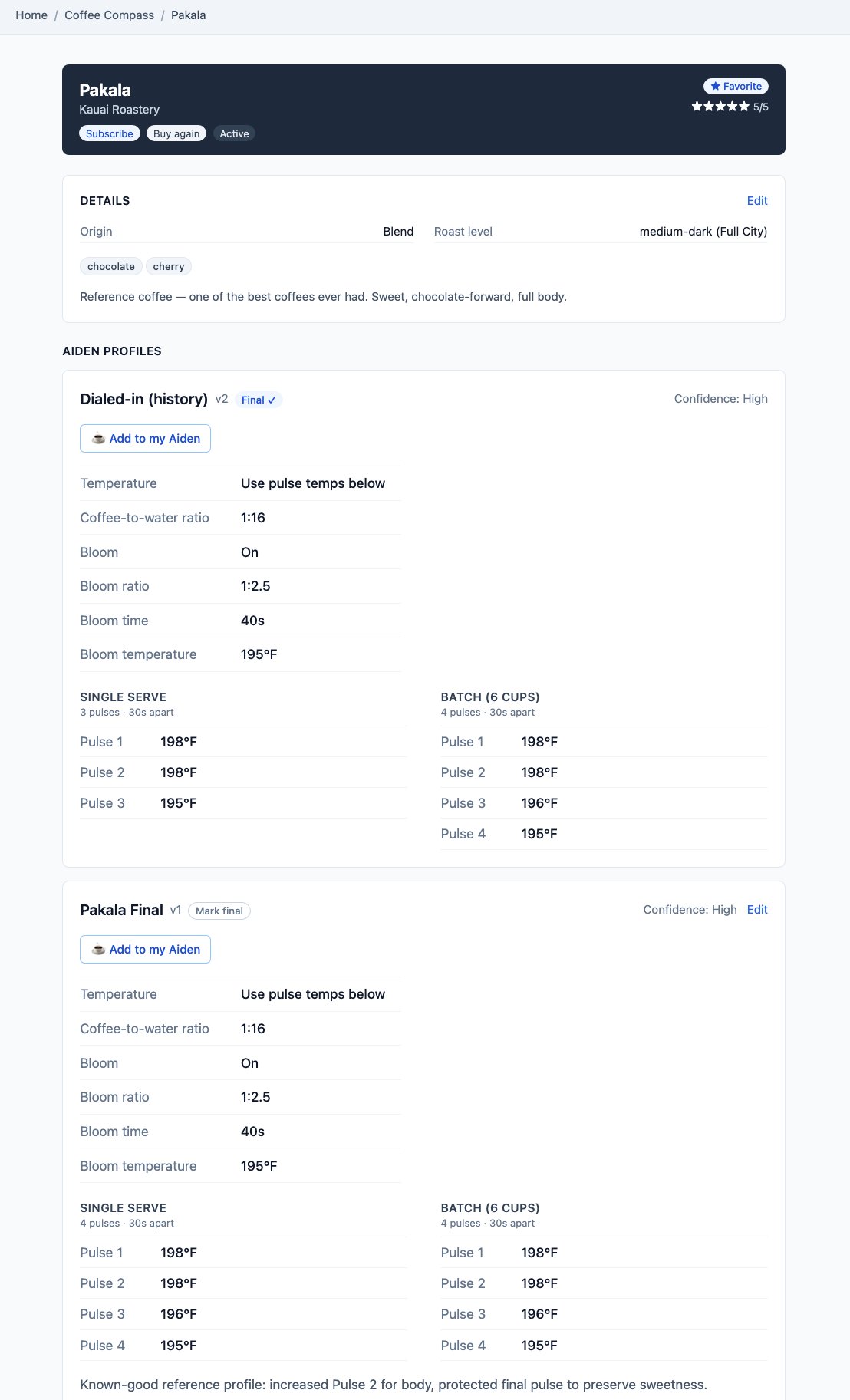 A coffee's Aiden profile in Coffee Compass: origin, tasting notes, and the full dialed-in recipe