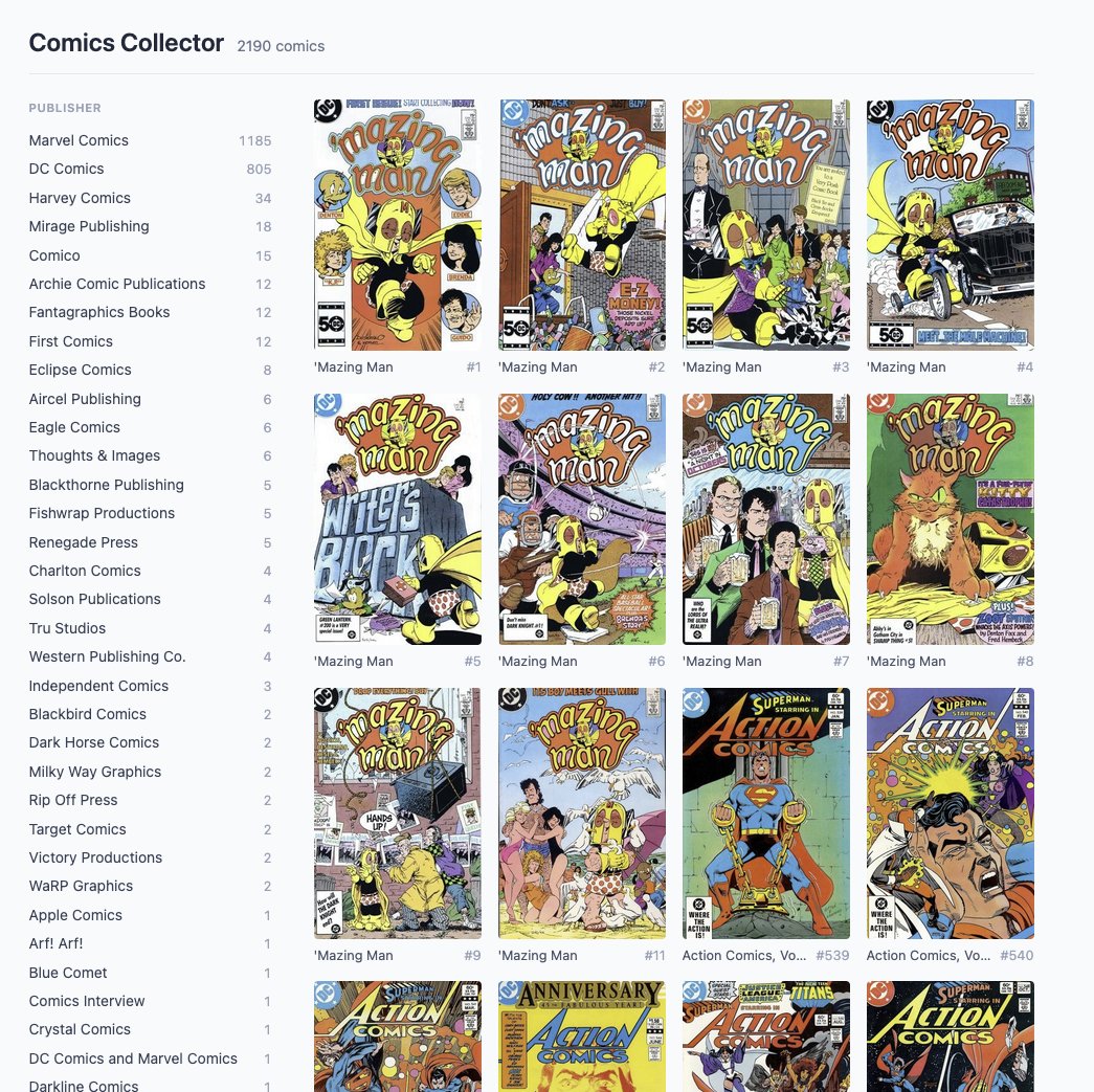The Comics Collector catalog: a grid of covers with a publisher rail listing Marvel, DC, Harvey, and more, 2,190 issues in all