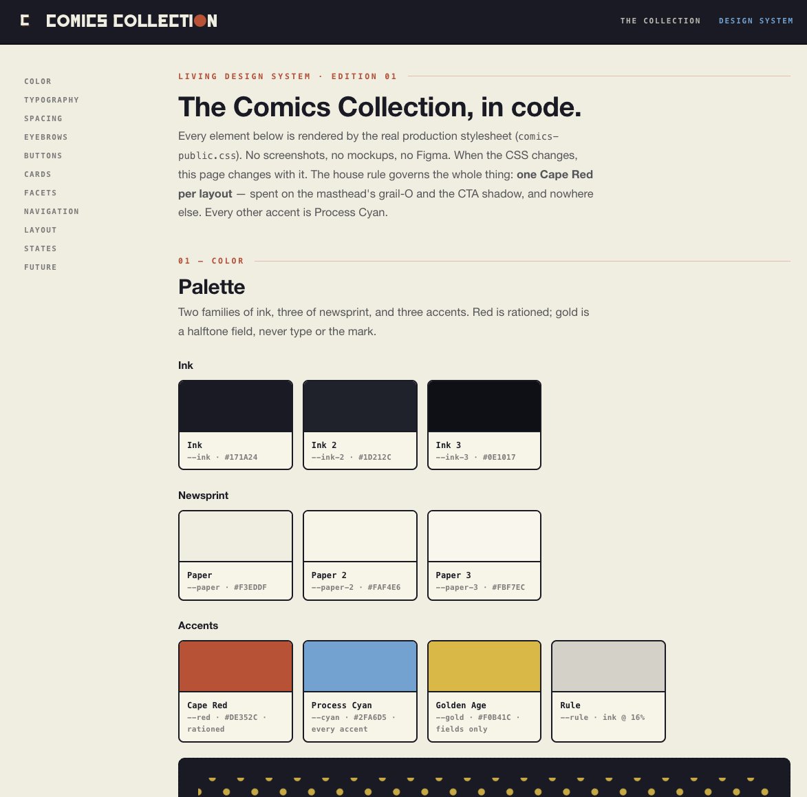 The Comics Collection living design system: palette with Cape Red, Process Cyan, and Golden Age, plus type and components rendered from production code