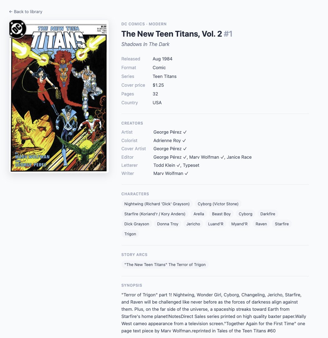 An issue's review detail: released date, format, creators, characters, and synopsis, each credit and character marked as verified against the databases