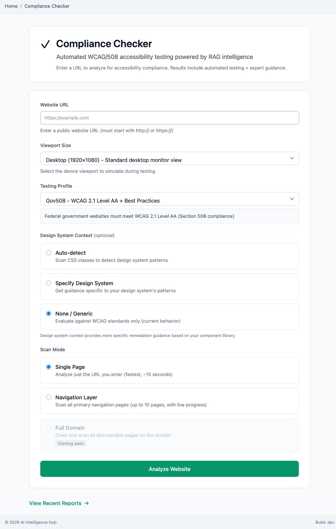 The Compliance Checker: automated WCAG/508 accessibility scanning with viewport, testing-profile, design-system, and scan-mode options