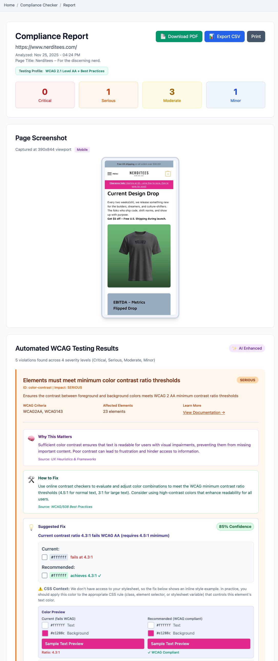A generated compliance report: a severity summary, a screenshot of the scanned page, and detailed WCAG findings with contrast previews and recommended fixes