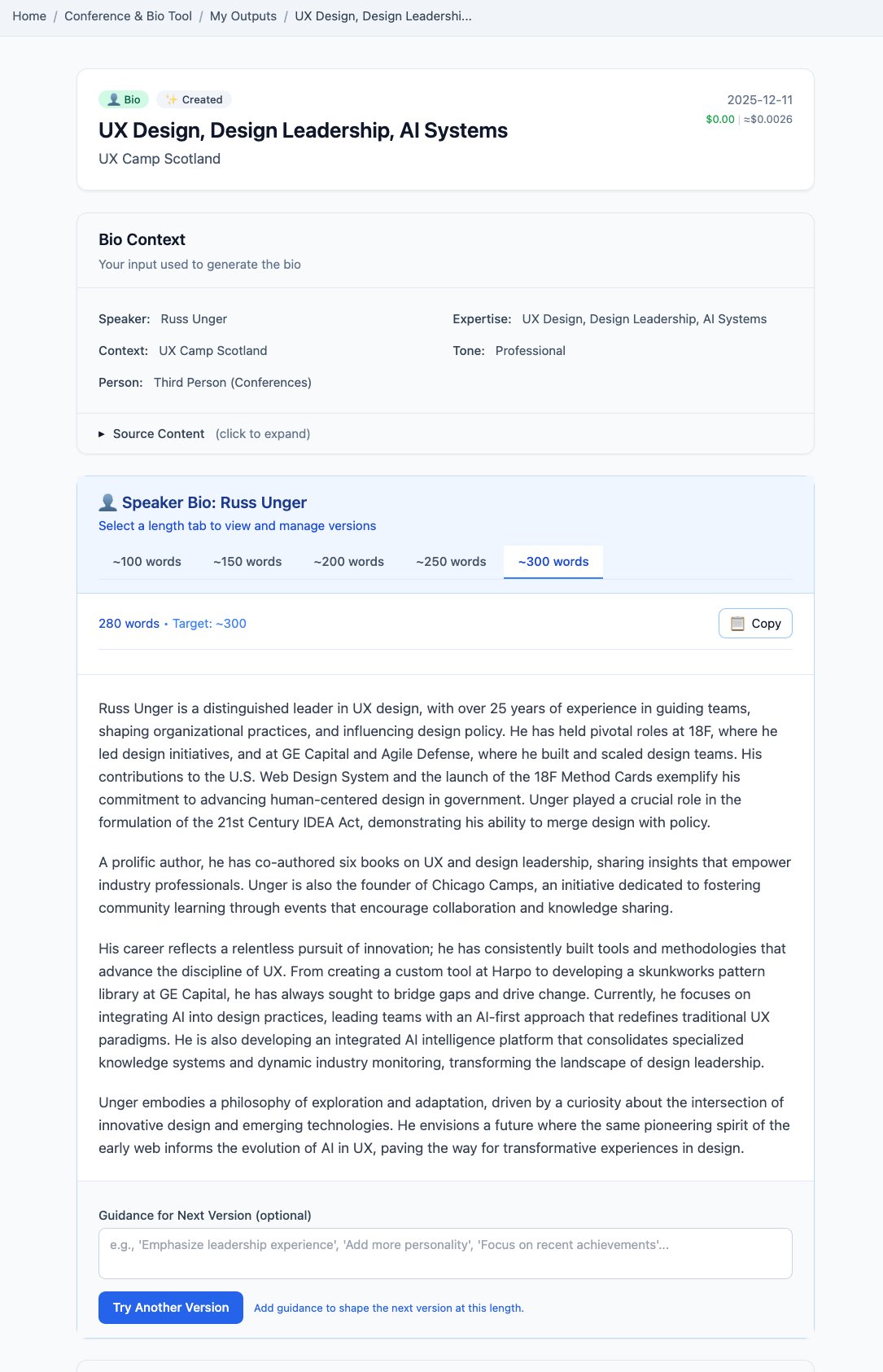 The speaker bio creator with selectable lengths: 500, 350, 250, or 100 words