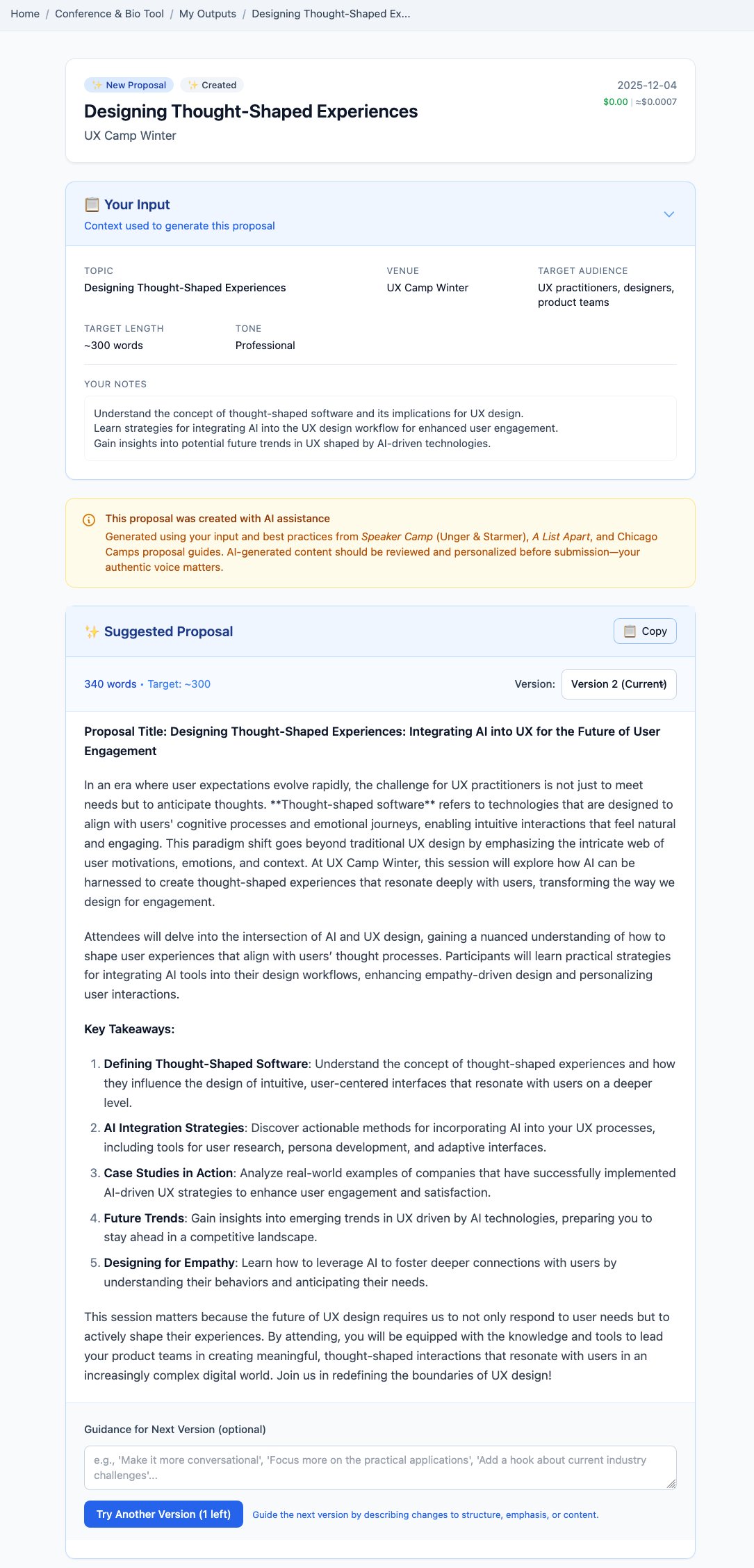A generated conference proposal, grounded in Speaker Camp, A List Apart, and Chicago Camps proposal guidance