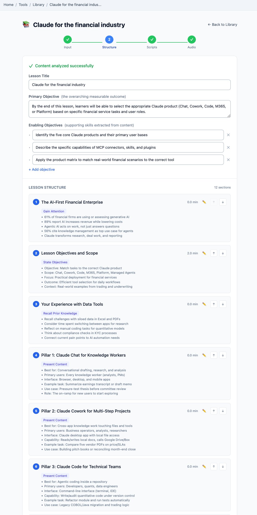 The analyzed structure: learning objectives and a multi-module curriculum with per-module timing and content
