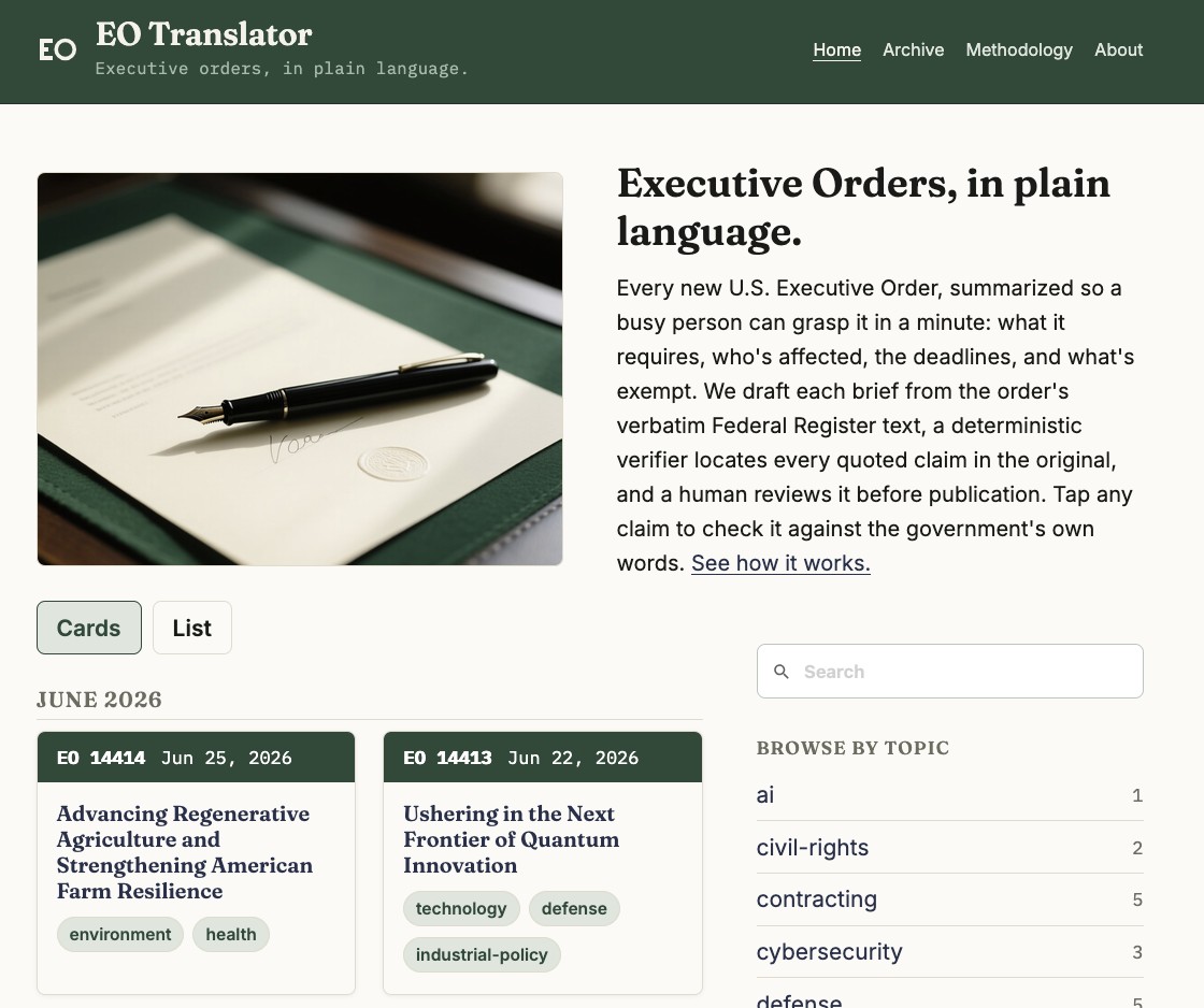 The Executive Order Translator homepage: recent orders in plain language, browsable by topic