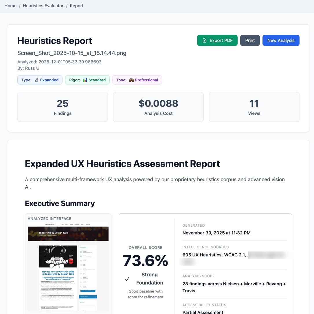The report's executive summary: an overall grade, the analyzed interface, and per-framework scores
