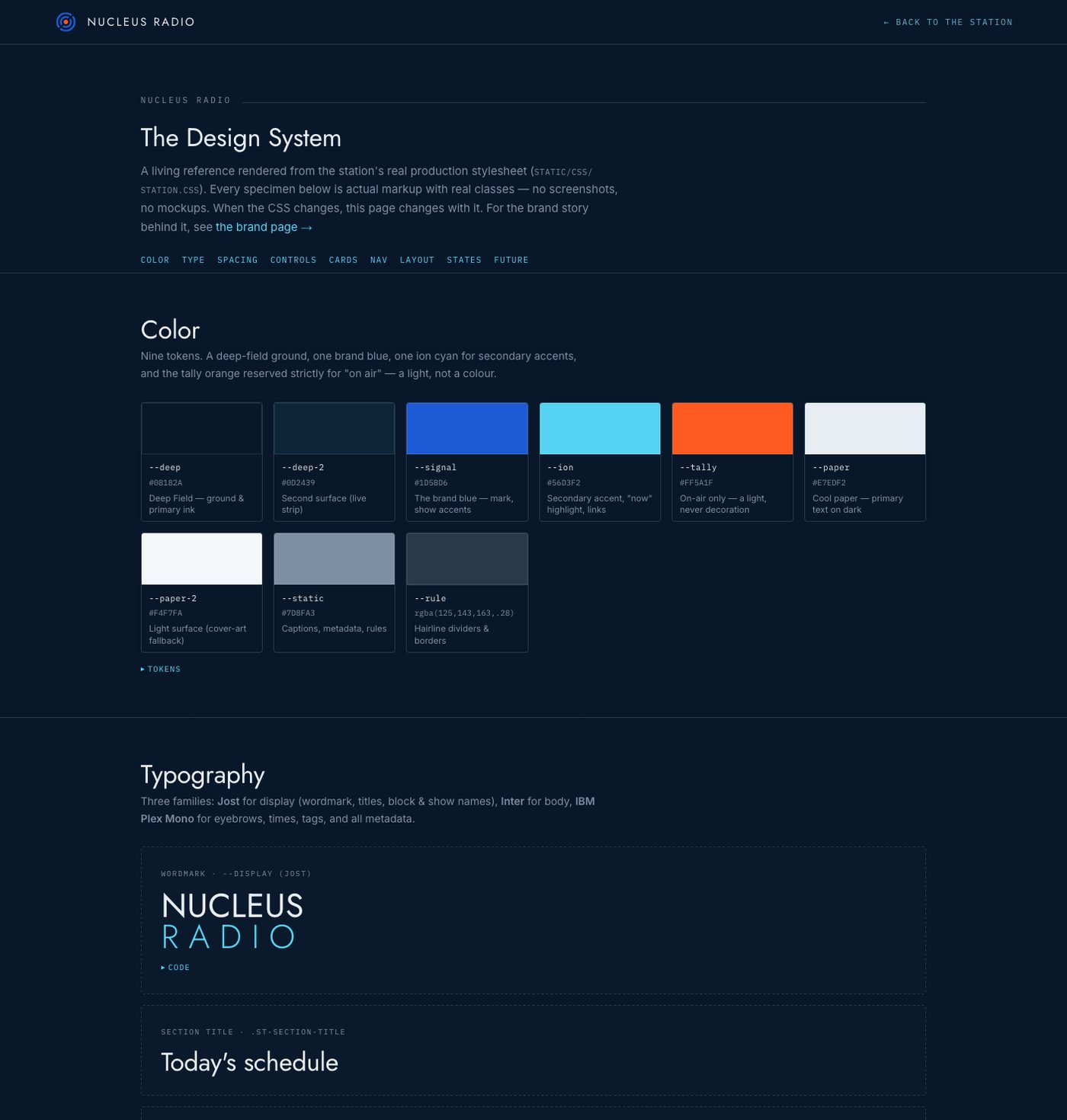 The Nucleus Radio living design system: the masthead, a nine-token color palette, and the typography scale, rendered from the production stylesheet