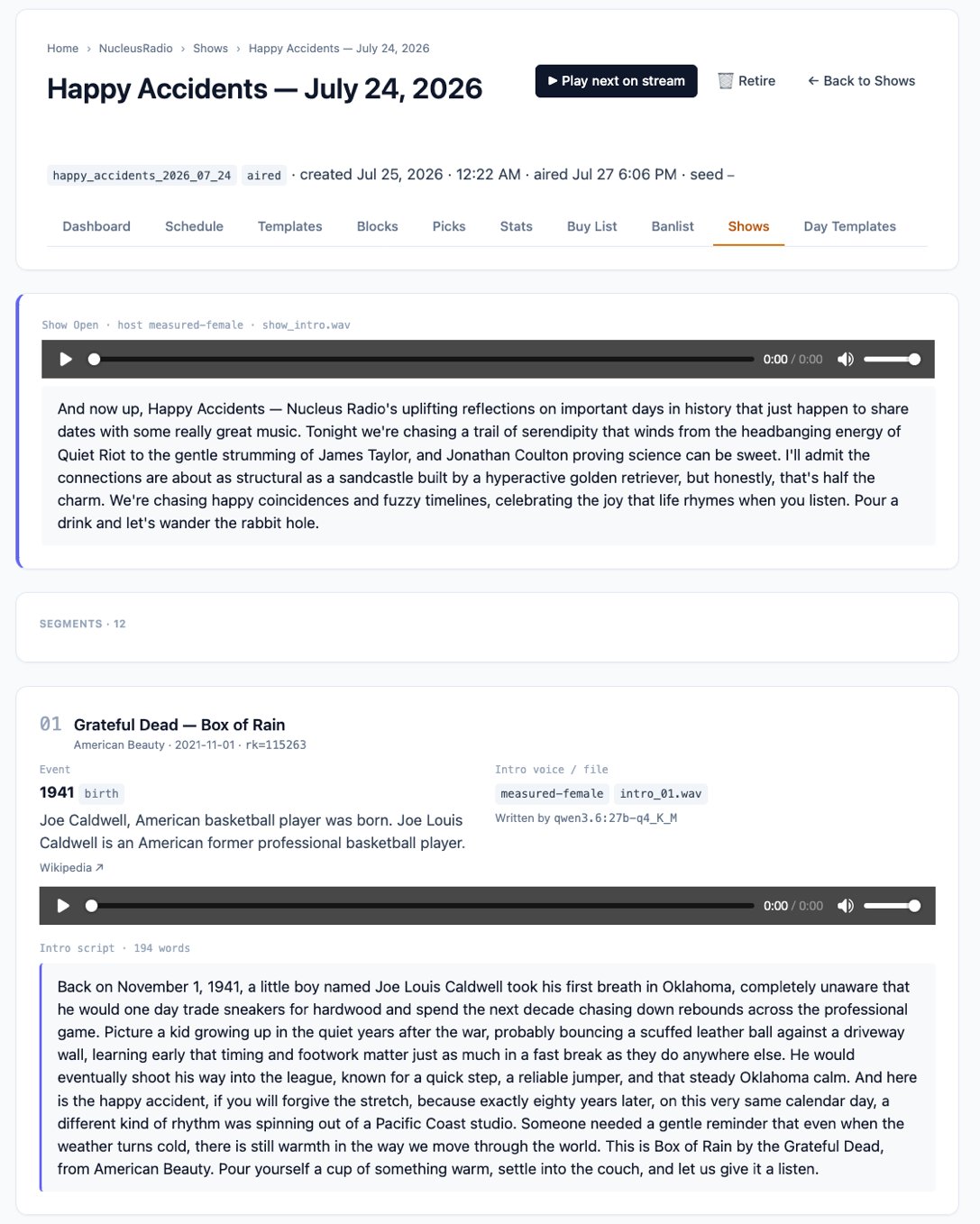A Happy Accidents episode page: a show-open intro, then numbered segments pairing a song with a same-day historical event and an AI-written DJ intro