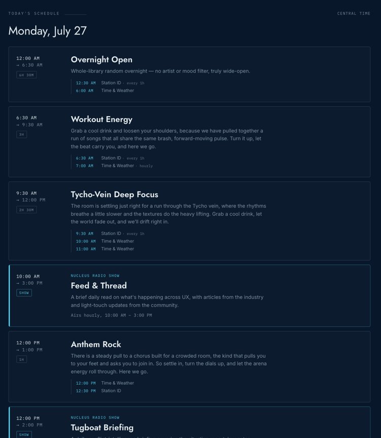 Today's schedule on the station page: a stack of programming blocks, each with a start time, a rule name, and a description, with Nucleus Radio shows tagged