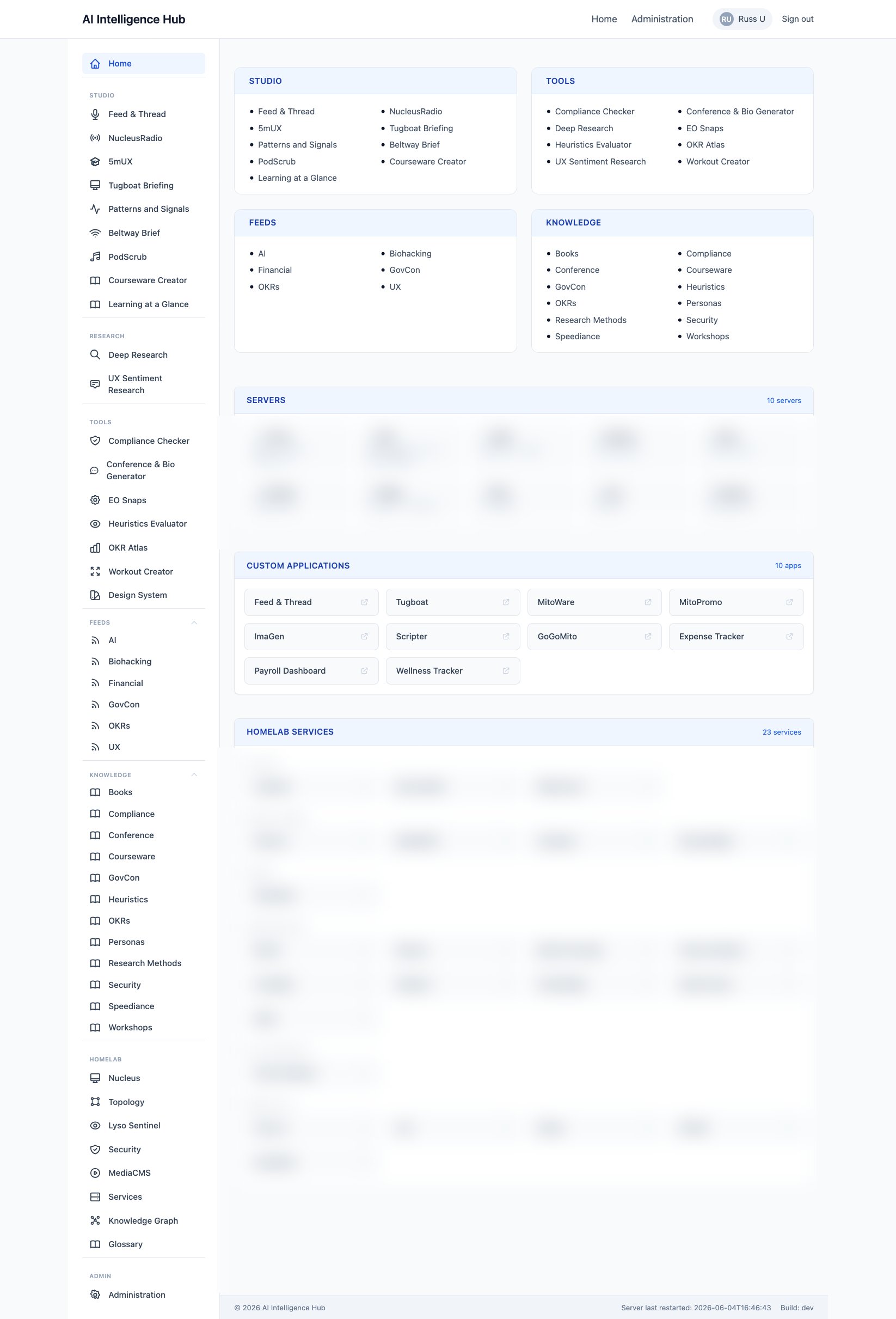 The platform dashboard: the Studio, Tools, Feeds, and Knowledge catalog, custom applications, and a self-hosted fleet of servers and services
