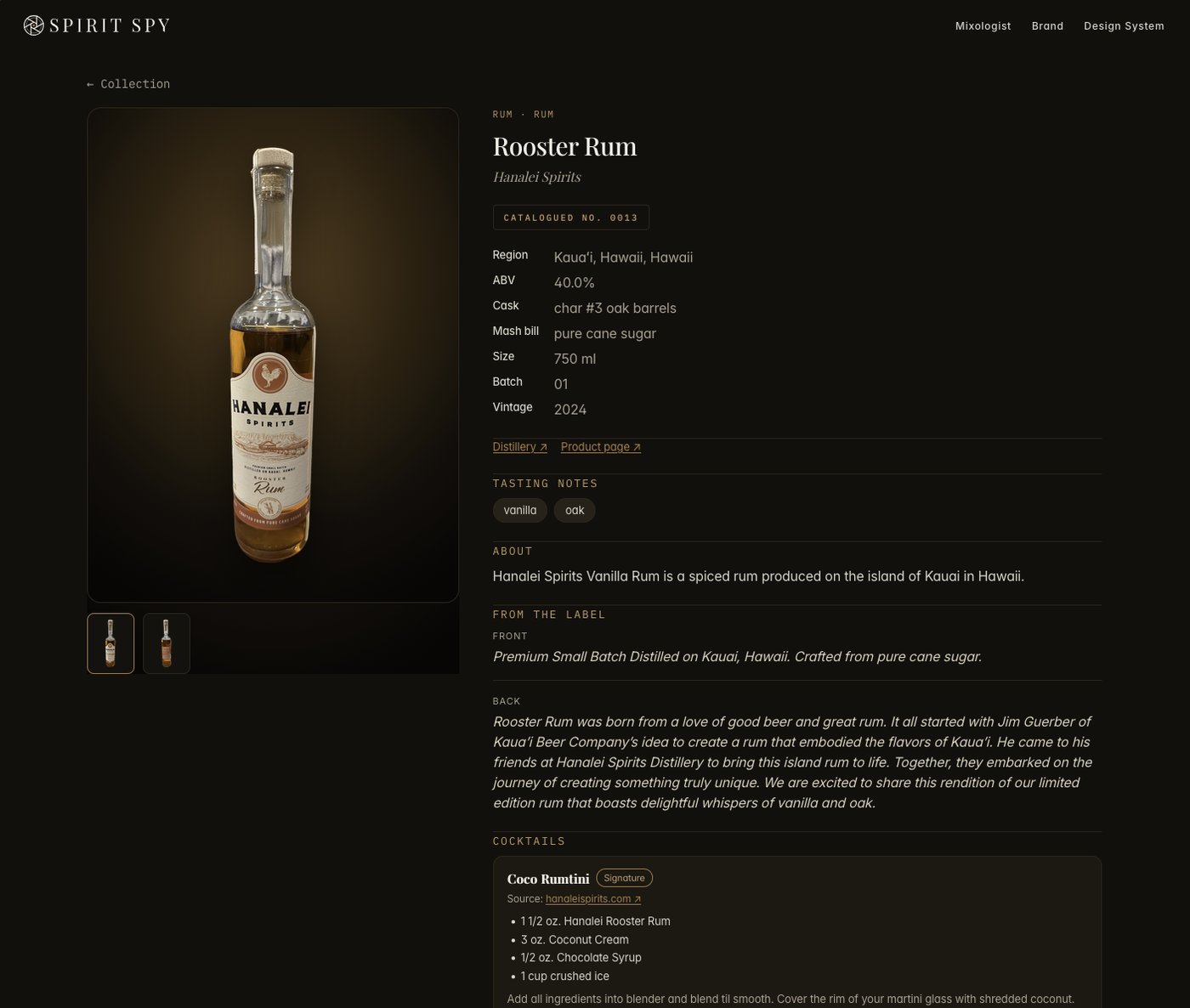 A bottle's detail page in Spirit Spy: Hanalei Rooster Rum with its specs, tasting notes, label text, cocktails, and cited sources