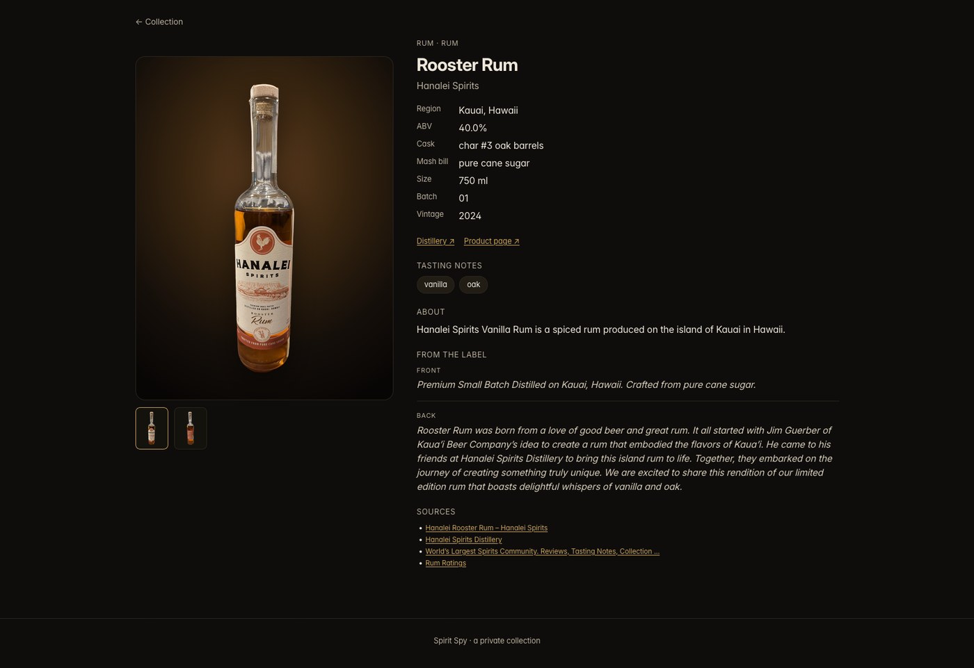 A bottle detail page in Spirit Spy: Hanalei Rooster Rum with its specs, tasting notes, label text, and cited sources, and no price.