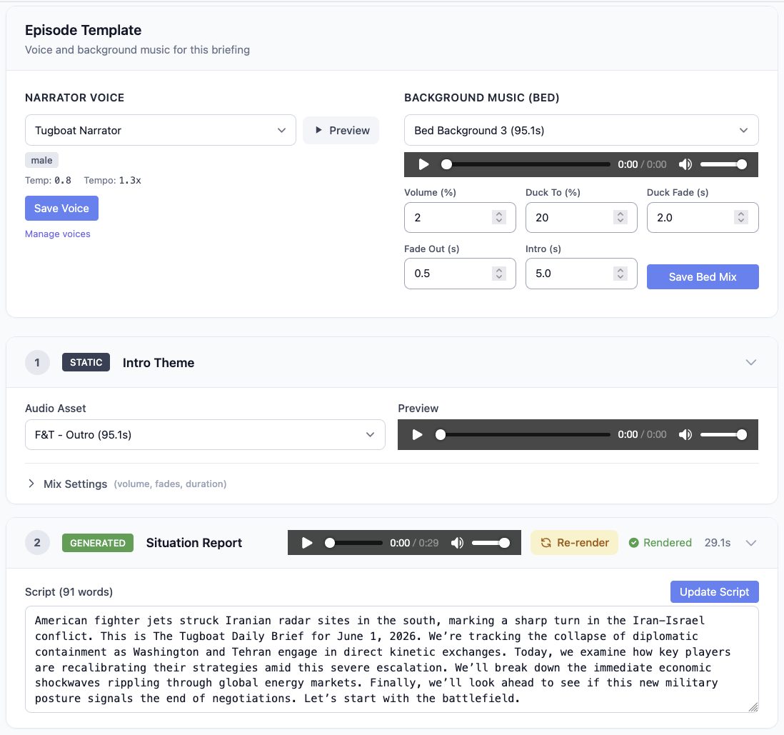 The Tugboat daily-briefing audio editor