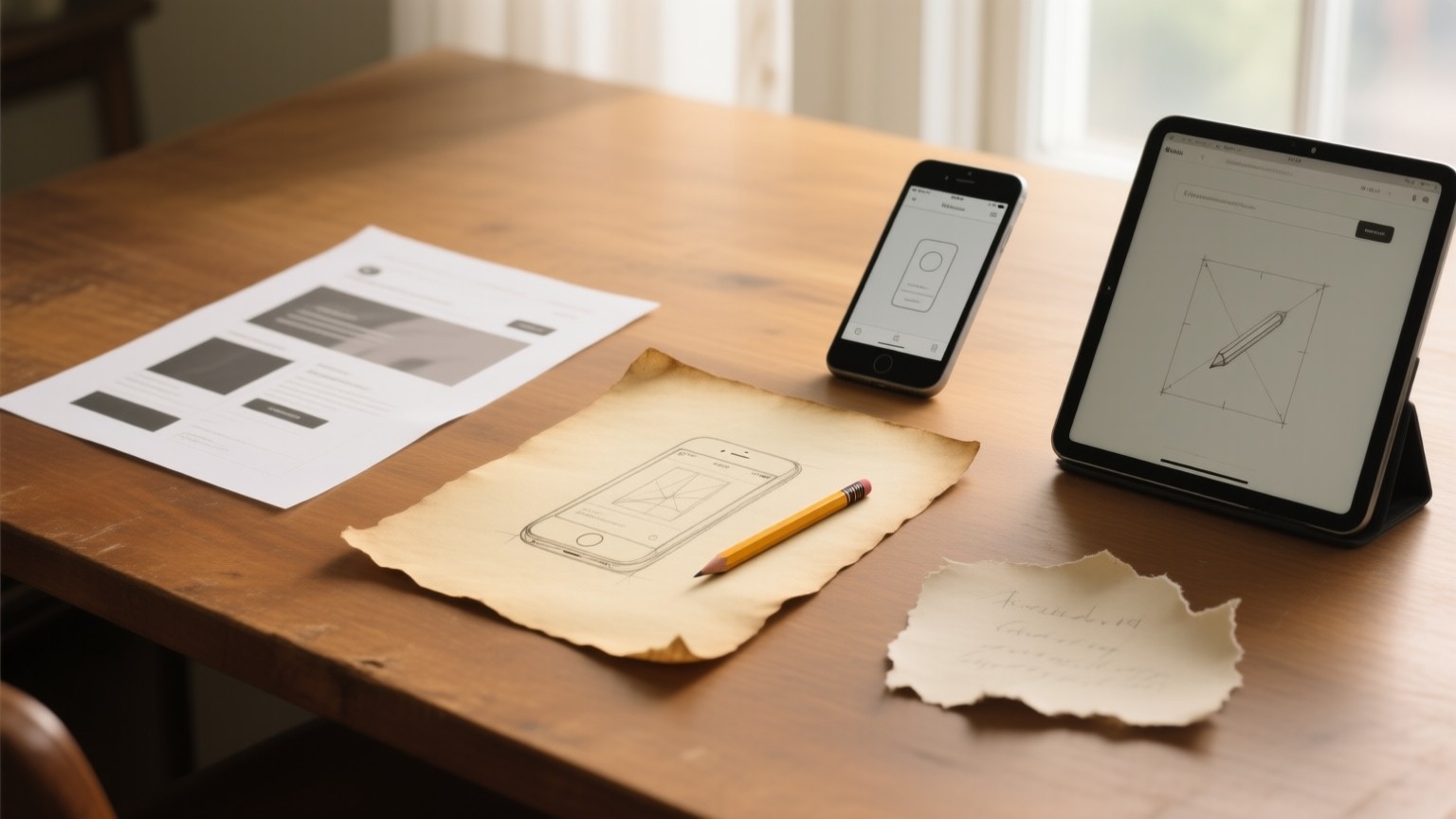 A designer's desk in warm light: a worn hand-drawn wireframe sketch as the constant, beside a printed web page, a phone showing a plain app, a tablet with a design artboard, and a small paper note.