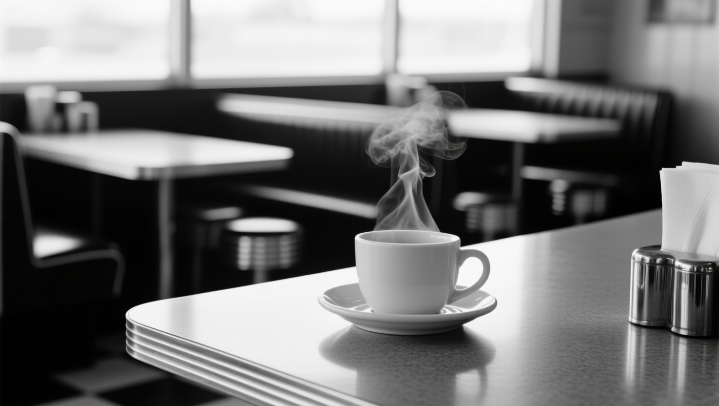 A black and white photograph of a steaming coffee cup on a diner counter, with empty booths behind.