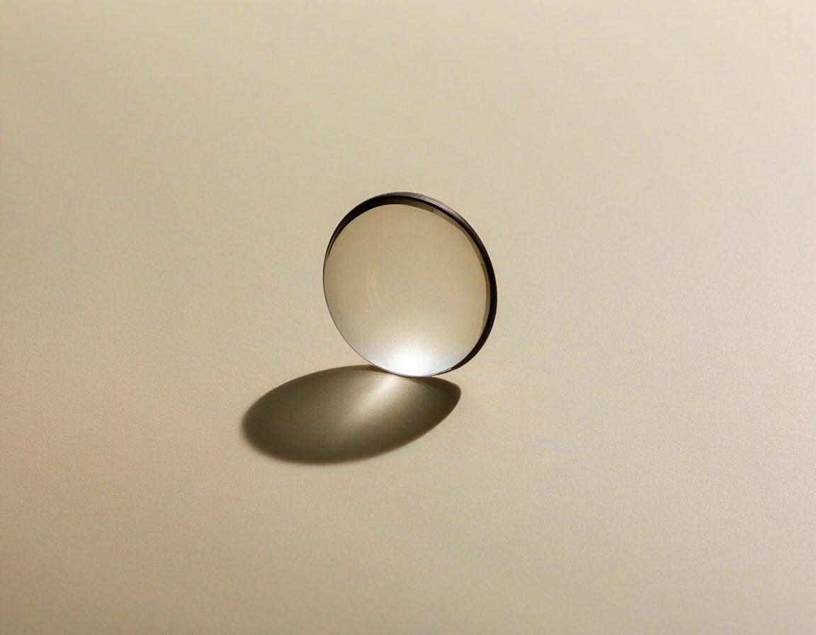 A single optical lens on a warm surface, focusing light to a clear point