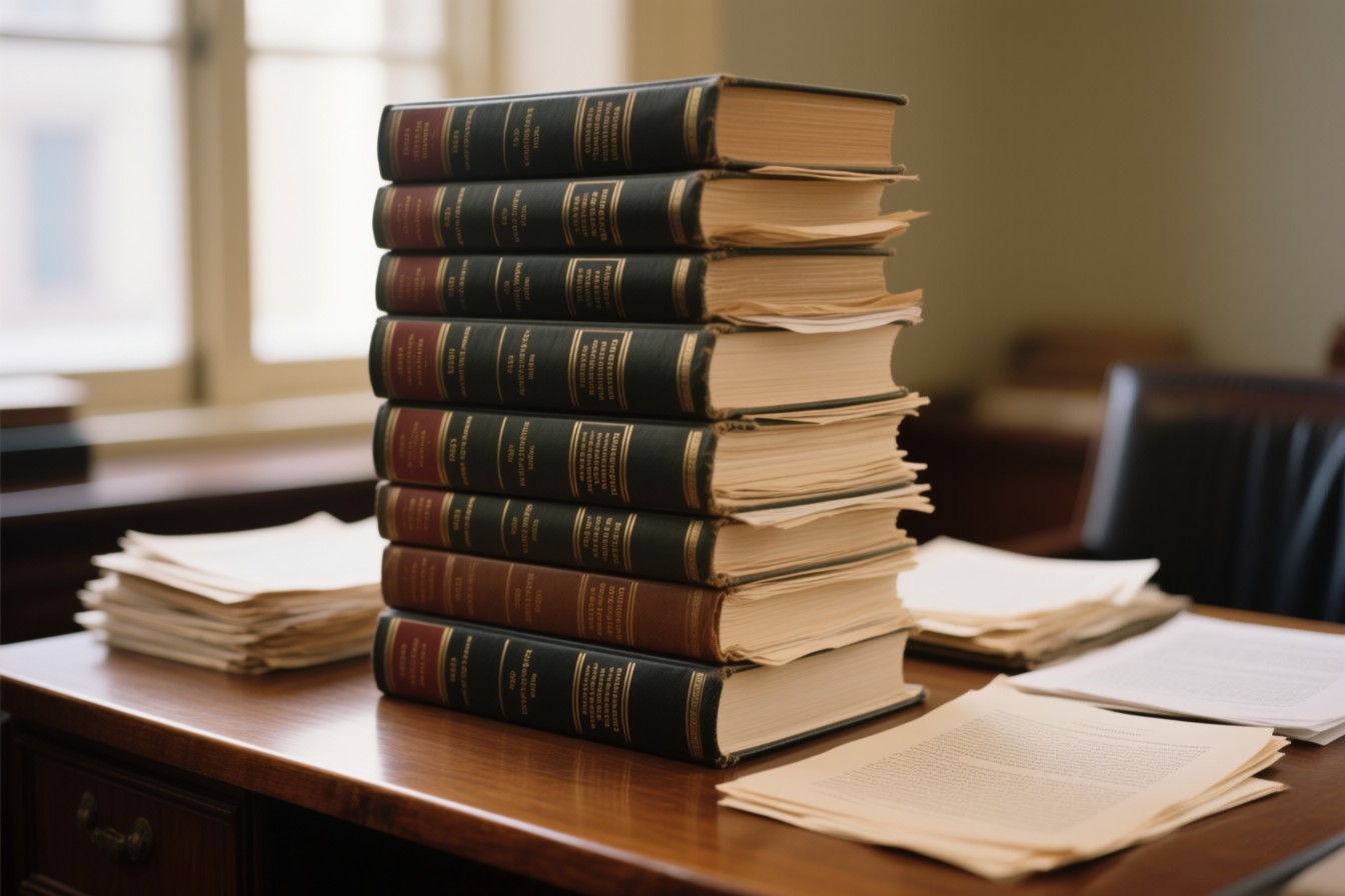 A tall stack of heavy bound volumes and loose papers on a wooden desk in warm library light.