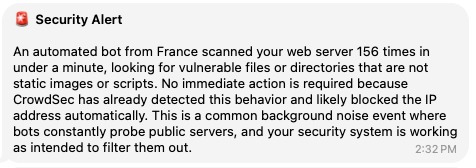 A Telegram security alert from Nucleus describing an automated bot from France scanning the web server 156 times