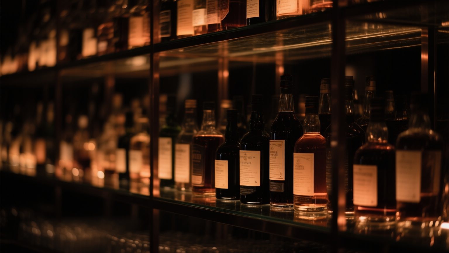 A low-lit back-bar shelf lined with amber-lit whiskey bottles behind glass, a varied collection catalogued in the dark.